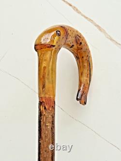 Rams horn carved hazel wood walking stick with Fish Salmon. 50