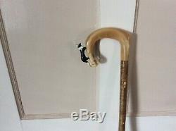 Rams horn walking stick/ shepherds crook with carved Collie dog