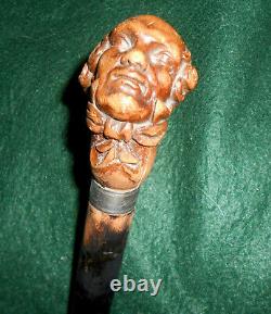 Rare 19th Century Folk Art Carved Burl Gentlemans Head Walking Stick Cane