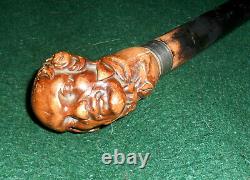 Rare 19th Century Folk Art Carved Burl Gentlemans Head Walking Stick Cane