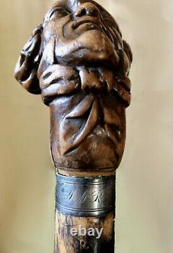 Rare 19th Century Folk Art Carved Burl Gentlemans Head Walking Stick Cane
