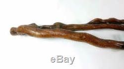 Rare Antique 19th Century Wood Root Folk Art Walking Stick / Cane Carved Snakes