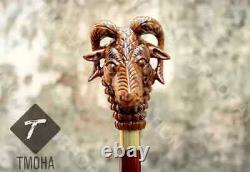 Rare Antique Cane Walking Stick Goat Head Design Handle Walking Cane, Carved Can