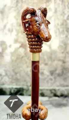Rare Antique Cane Walking Stick Goat Head Design Handle Walking Cane, Carved Can