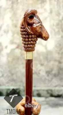 Rare Antique Cane Walking Stick Goat Head Design Handle Walking Cane, Carved Can