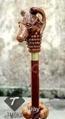 Rare Antique Cane Walking Stick Goat Head Design Handle Walking Cane, Carved Can