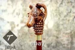 Rare Antique Cane Walking Stick Goat Head Design Handle Walking Cane, Carved Can