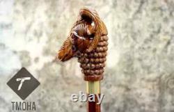 Rare Antique Cane Walking Stick Goat Head Design Handle Walking Cane, Carved Can