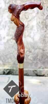 Rare Antique Cane Walking Stick Mermaid Head Designer Walking Cane, Carved Cane