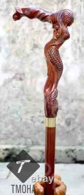 Rare Antique Cane Walking Stick Mermaid Head Designer Walking Cane, Carved Cane