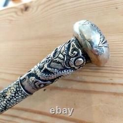 Rare Antique Dragon Carved Walking Stick Cane Solid Silver Shark Skin Marked