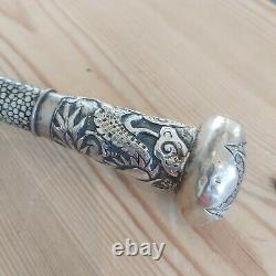 Rare Antique Dragon Carved Walking Stick Cane Solid Silver Shark Skin Marked