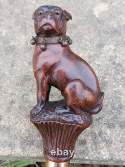 Rare Antique English Bulldog Intricately Hand Carved Walking Stick Pommel 4.5
