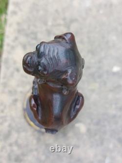 Rare Antique English Bulldog Intricately Hand Carved Walking Stick Pommel 4.5