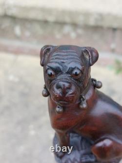 Rare Antique English Bulldog Intricately Hand Carved Walking Stick Pommel 4.5