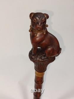 Rare Antique English Bulldog Intricately Hand Carved Walking Stick Pommel 4.5