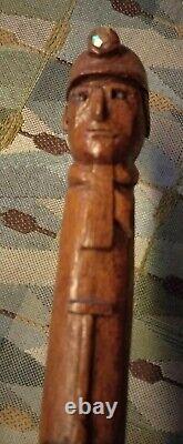 Rare Antique Folk Art Carved Miners head jewel tools Wooden Walking Stick Cane