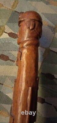 Rare Antique Folk Art Carved Miners head jewel tools Wooden Walking Stick Cane