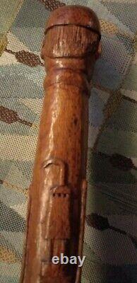 Rare Antique Folk Art Carved Miners head jewel tools Wooden Walking Stick Cane