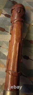 Rare Antique Folk Art Carved Miners head jewel tools Wooden Walking Stick Cane