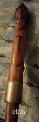 Rare Antique Folk Art Carved Miners head jewel tools Wooden Walking Stick Cane