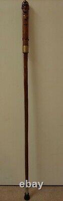 Rare Antique Folk Art Carved Miners head jewel tools Wooden Walking Stick Cane