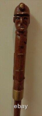 Rare Antique Folk Art Carved Miners head jewel tools Wooden Walking Stick Cane