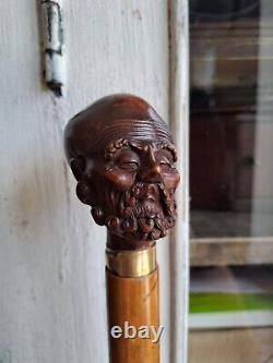 Rare Antique Walking Cane With Malacca Carved Pommel, Antique Walking Stick