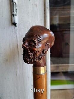 Rare Antique Walking Cane With Malacca Carved Pommel, Antique Walking Stick