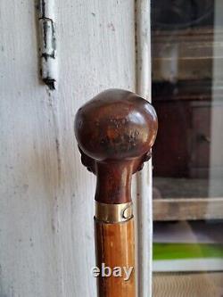 Rare Antique Walking Cane With Malacca Carved Pommel, Antique Walking Stick