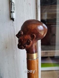 Rare Antique Walking Cane With Malacca Carved Pommel, Antique Walking Stick