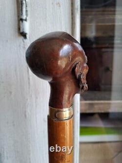 Rare Antique Walking Cane With Malacca Carved Pommel, Antique Walking Stick