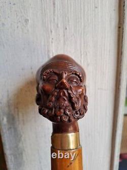 Rare Antique Walking Cane With Malacca Carved Pommel, Antique Walking Stick