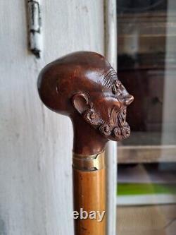 Rare Antique Walking Cane With Malacca Carved Pommel, Antique Walking Stick