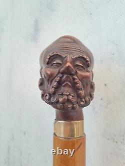 Rare Antique Walking Cane With Malacca Carved Pommel, Antique Walking Stick