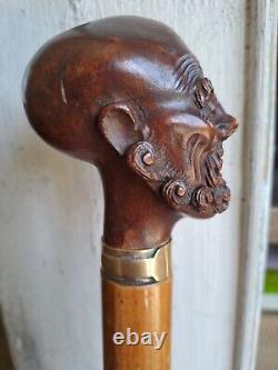 Rare Antique Walking Cane With Malacca Carved Pommel, Antique Walking Stick