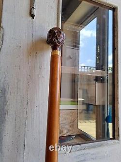 Rare Antique Walking Cane With Malacca Carved Pommel, Antique Walking Stick