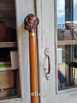 Rare Antique Walking Cane With Malacca Carved Pommel, Antique Walking Stick