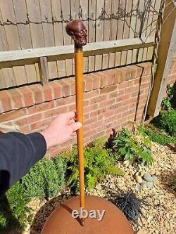 Rare Antique Walking Cane With Malacca Carved Pommel, Antique Walking Stick