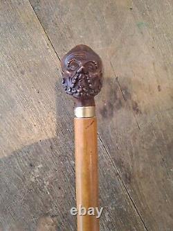 Rare Antique Walking Cane With Malacca Carved Pommel, Antique Walking Stick