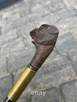 Rare Antique Walking Stick With Black Forest Carved Dog Handle Opening Mouth