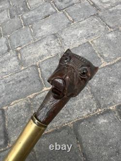 Rare Antique Walking Stick With Black Forest Carved Dog Handle Opening Mouth