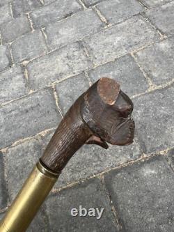 Rare Antique Walking Stick With Black Forest Carved Dog Handle Opening Mouth