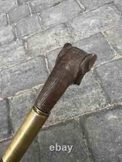 Rare Antique Walking Stick With Black Forest Carved Dog Handle Opening Mouth