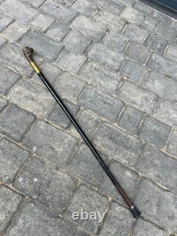 Rare Antique Walking Stick With Black Forest Carved Dog Handle Opening Mouth