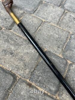 Rare Antique Walking Stick With Black Forest Carved Dog Handle Opening Mouth