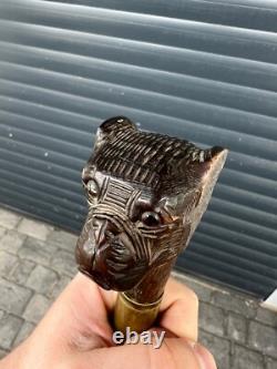 Rare Antique Walking Stick With Black Forest Carved Dog Handle Opening Mouth