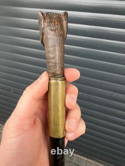 Rare Antique Walking Stick With Black Forest Carved Dog Handle Opening Mouth
