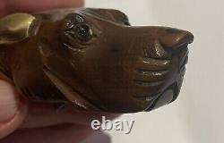 Rare Carved Wood Antique Hunting Dog Cane Handle With Moving Mouth