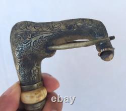 Rare Moroccan Tribal leader Ethnic Metal Carved Crutch Cane Handle wand Walking